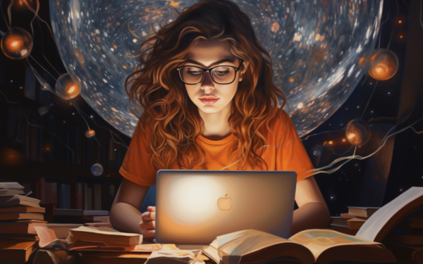 A book-loving lady wearing glasses engrossed in her laptop work, surrounded by a pile of books
